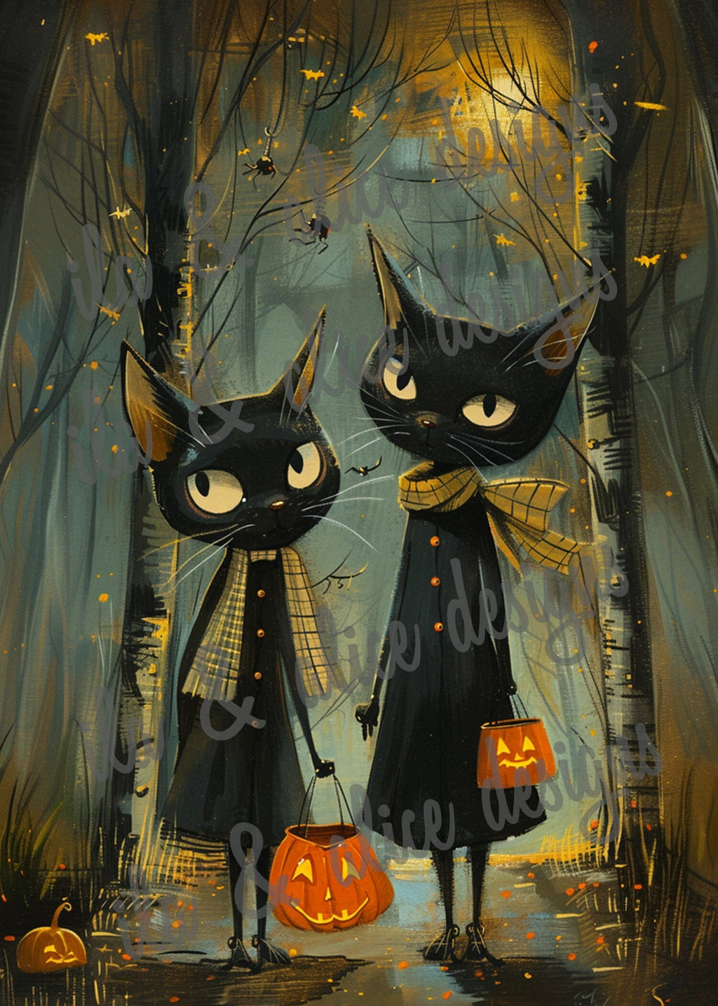 Black Cats Going Trick or Treating Halloween Postcards