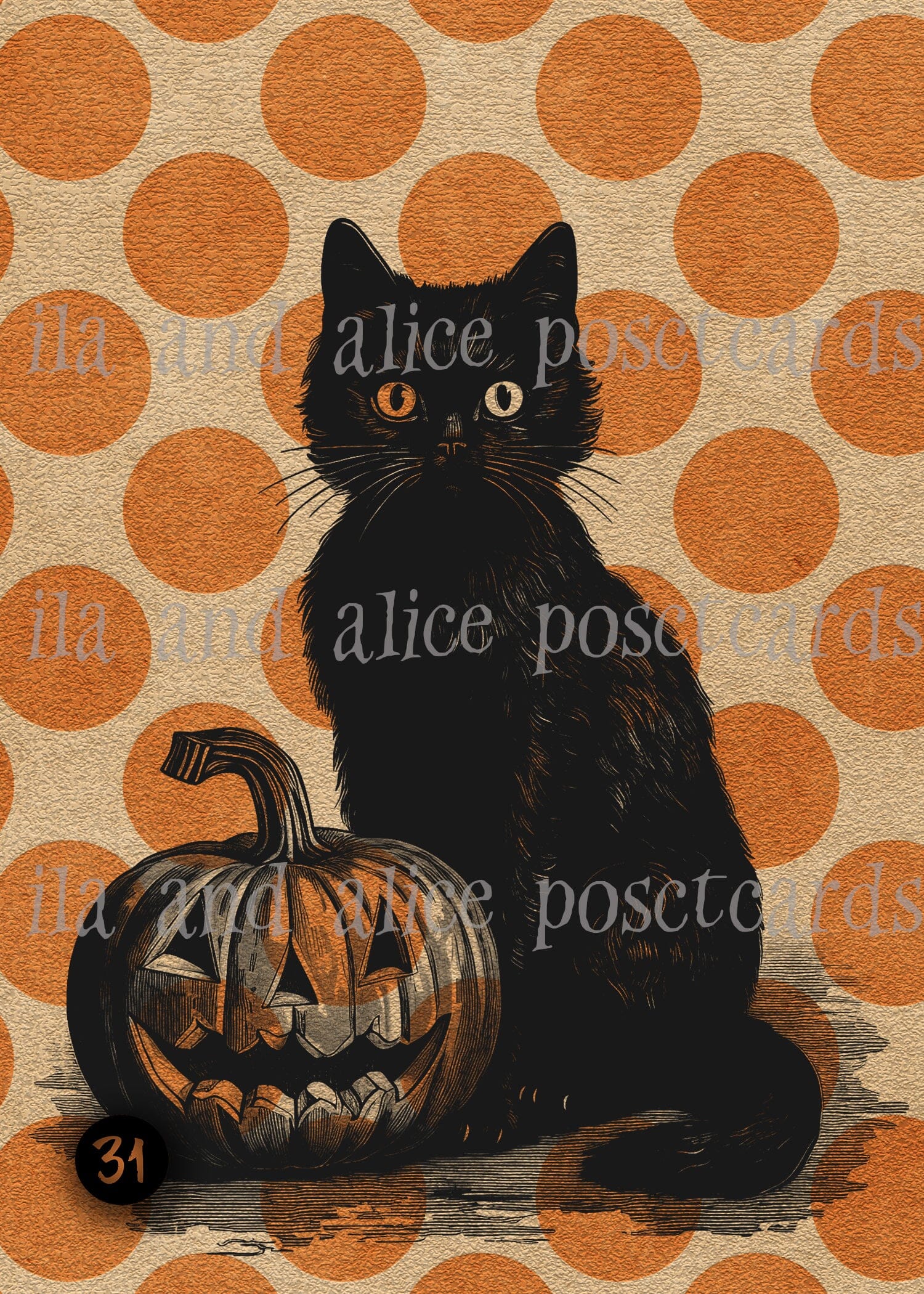 Black Cats and Orange Polka Dots Halloween Postcards