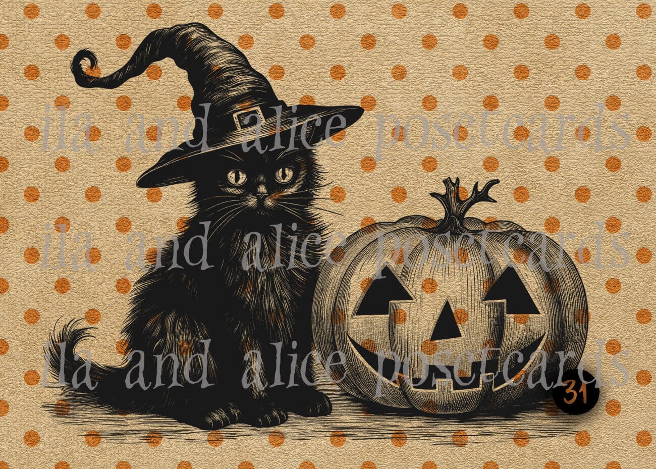 Black Cats and Orange Polka Dots Halloween Postcards