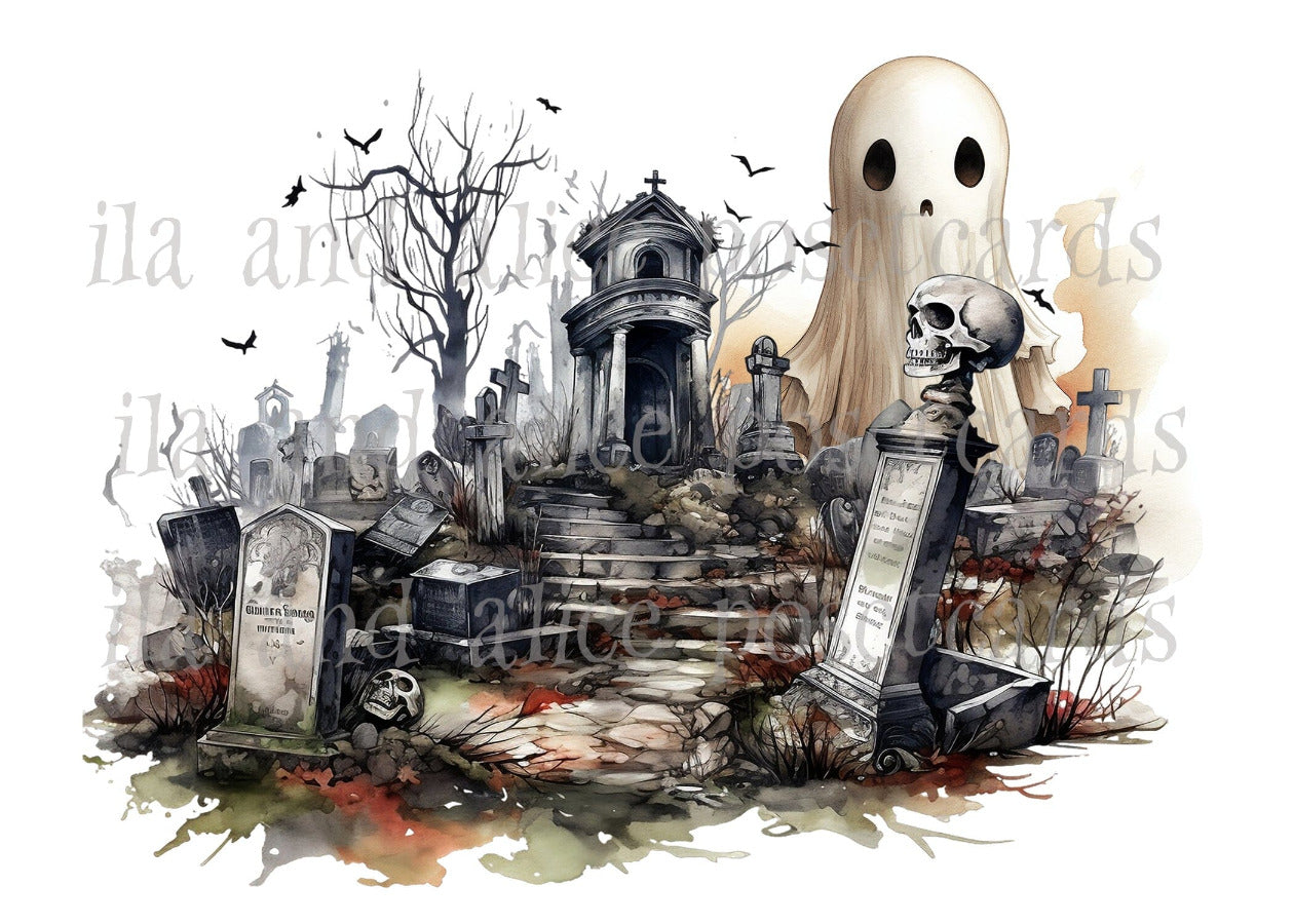 Ghosts and Goblins in the Graveyard Halloween Postcards