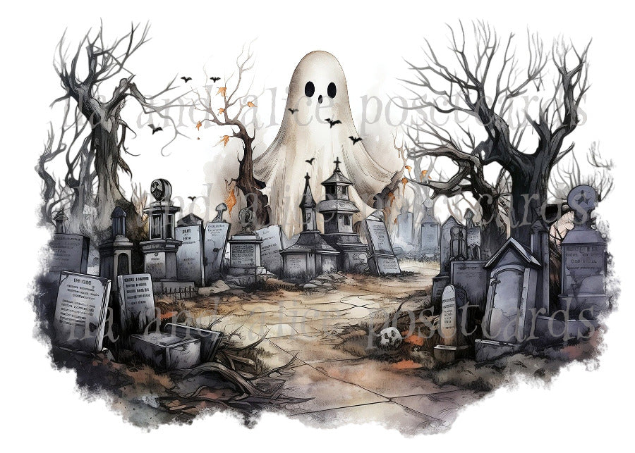 Ghosts and Goblins in the Graveyard Halloween Postcards