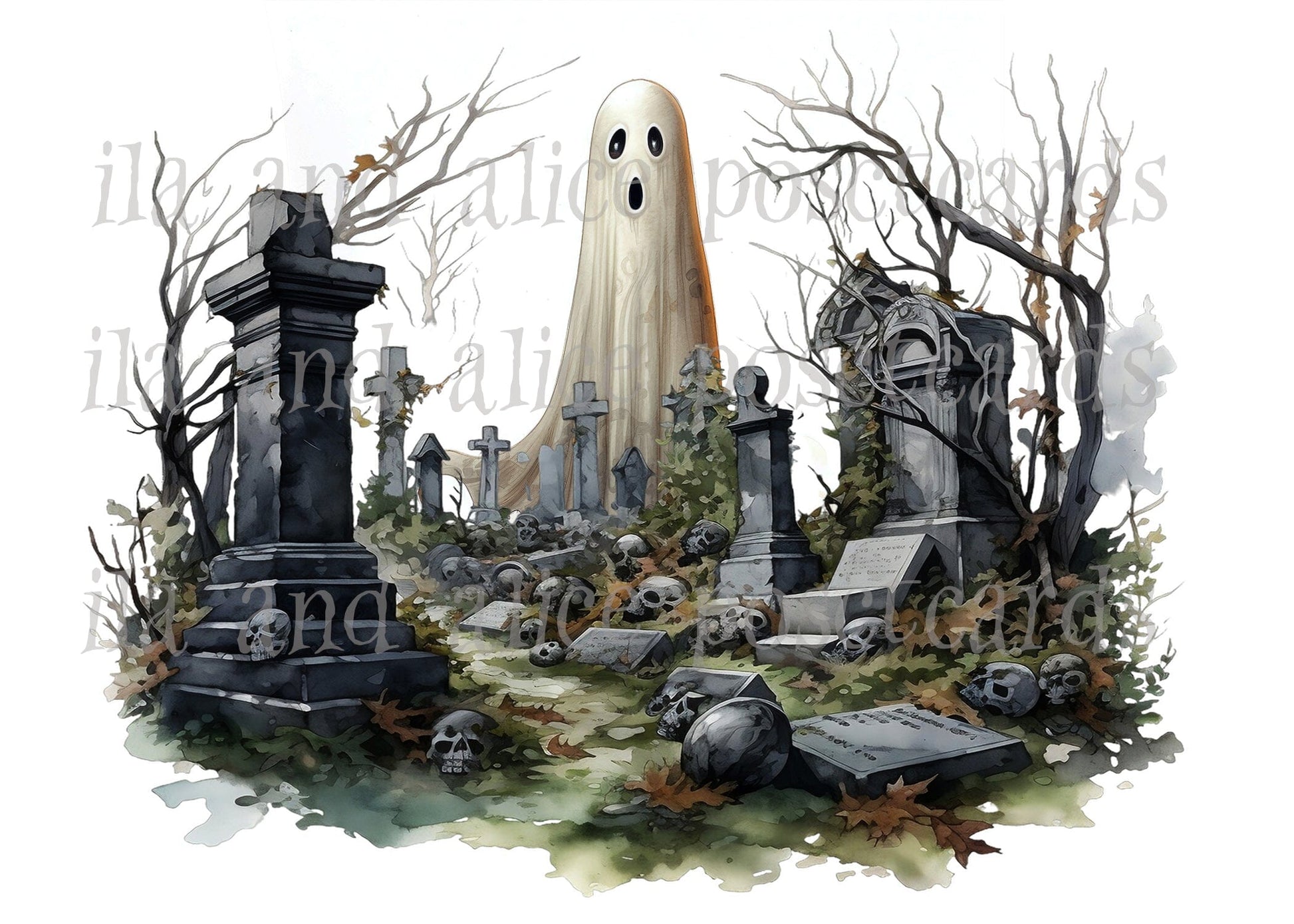 Ghosts and Goblins in the Graveyard Halloween Postcards