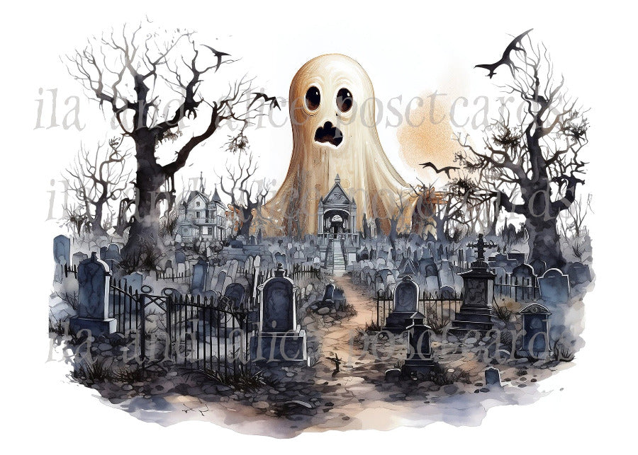 Ghosts and Goblins in the Graveyard Halloween Postcards
