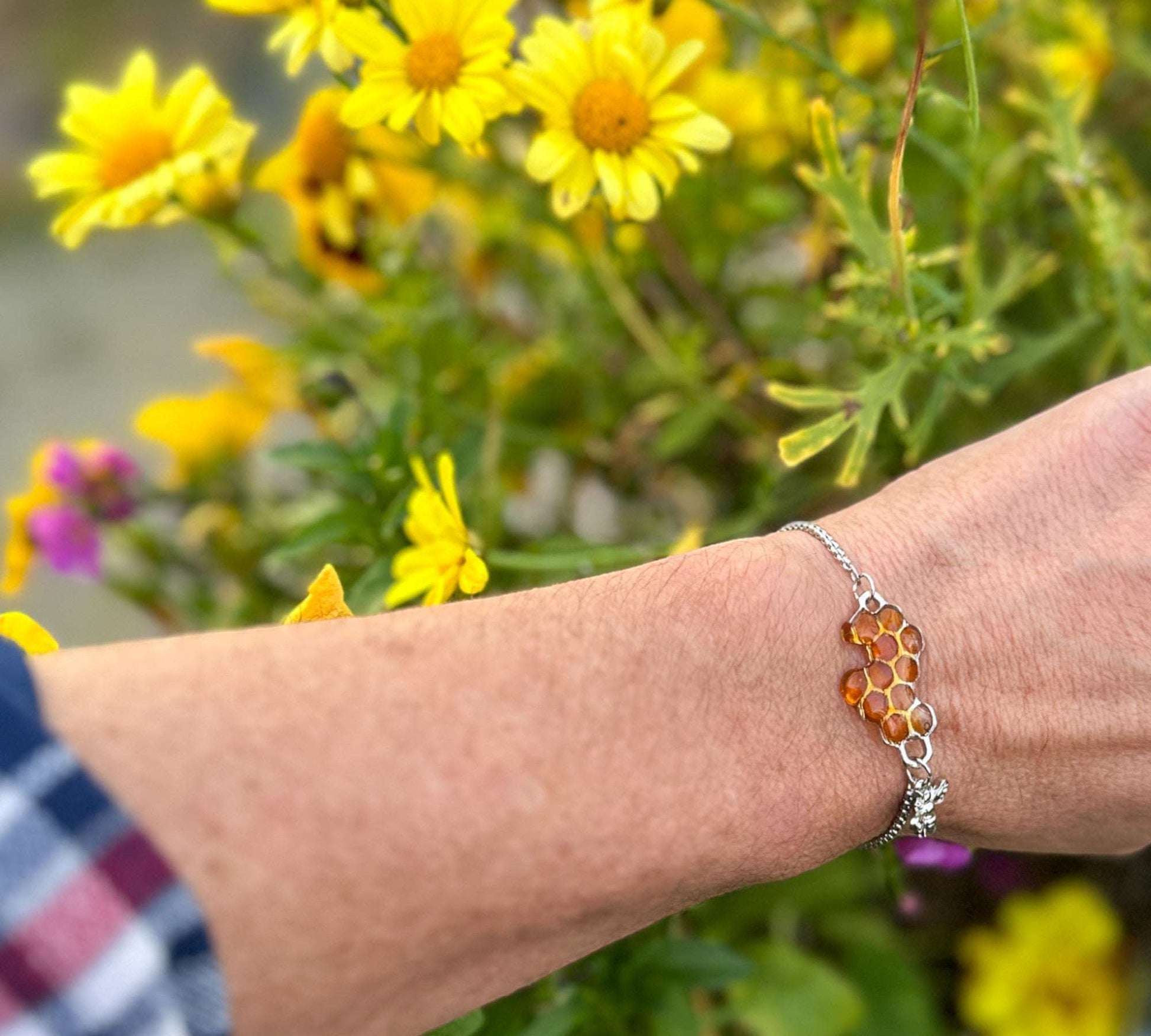 Dripping Honey Bee Bracelet - Handmade Silver Honeycomb & Bee Charm