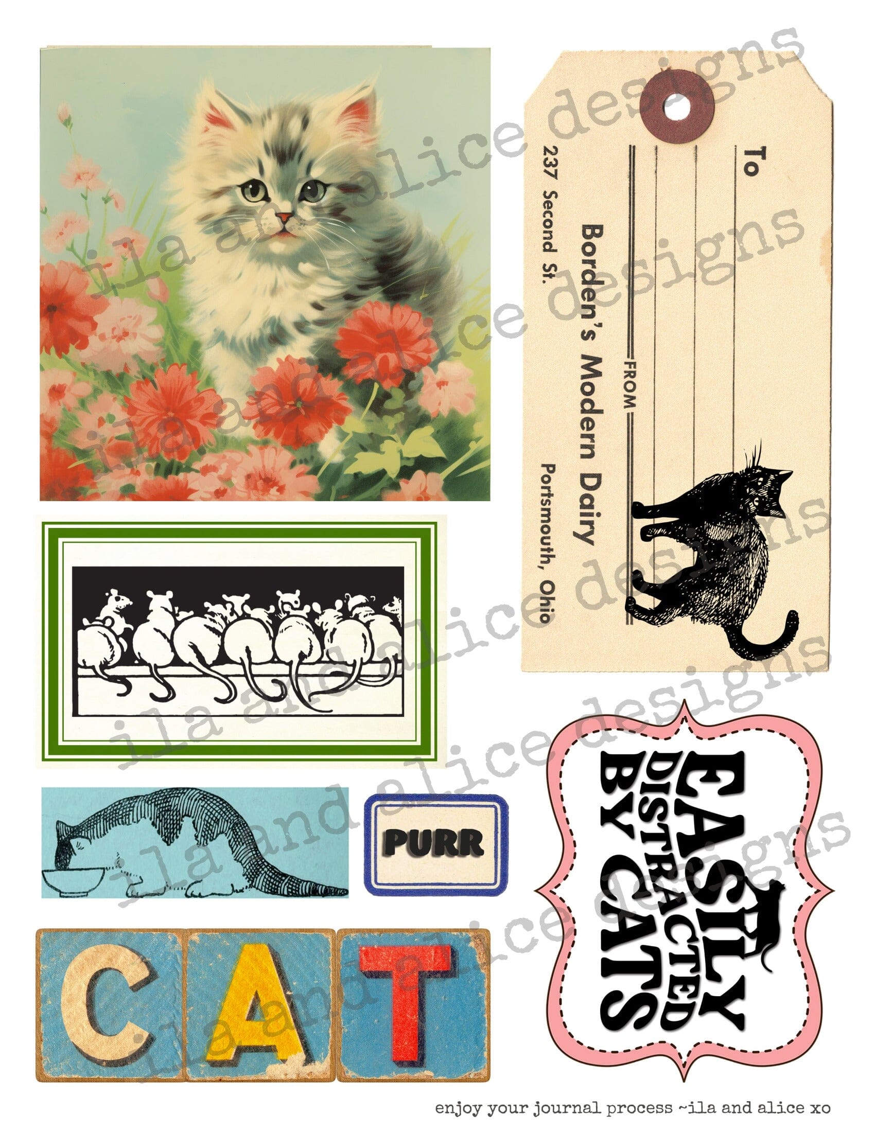 Digital Cat Junk Journal Ephemera