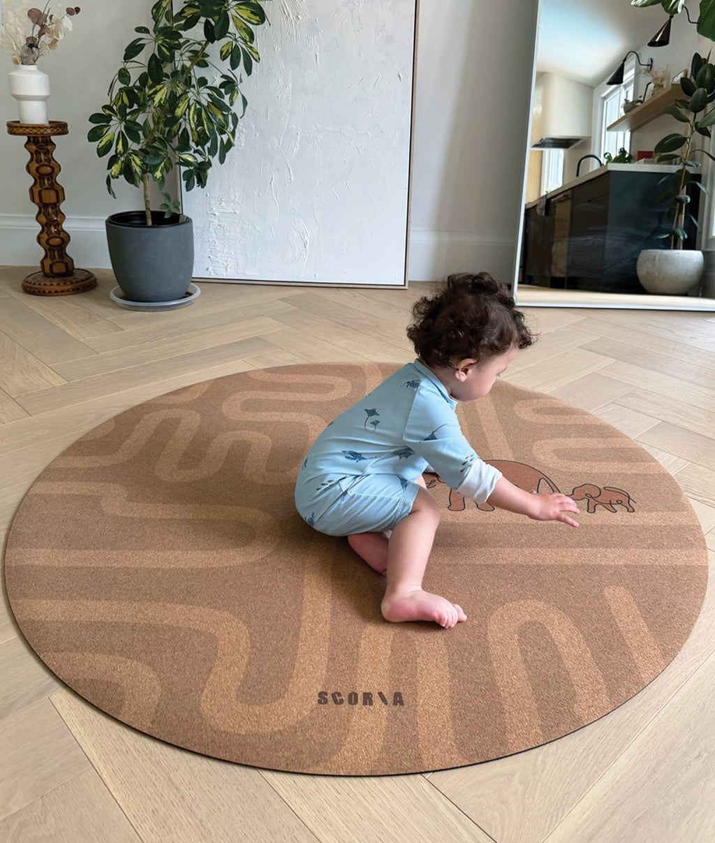 Elephant Walk Round Baby Mat | Kids Cork Yoga Mat  | Play & Stretch | 47" dia