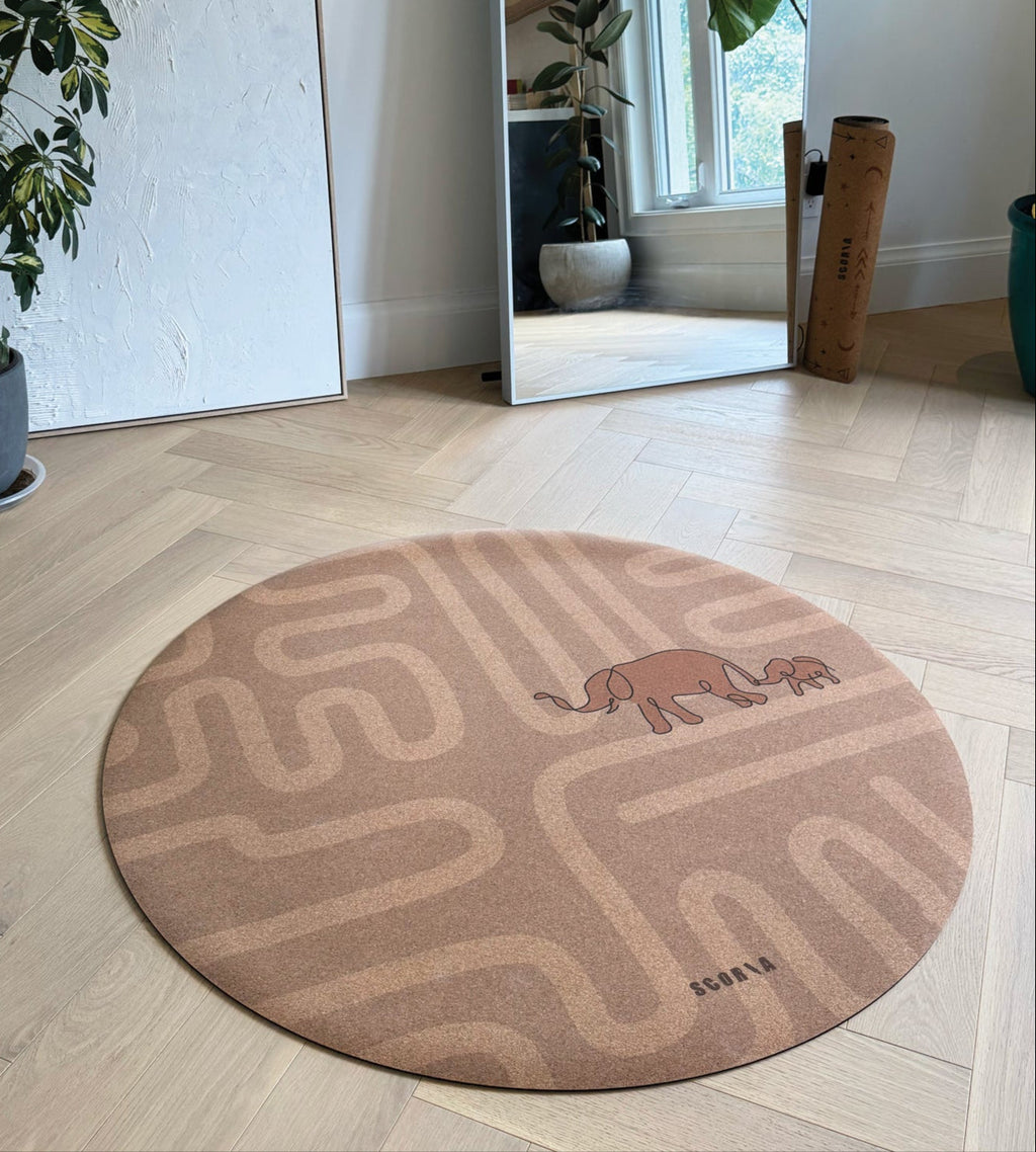 Elephant Walk Round Baby Mat | Kids Cork Yoga Mat  | Play & Stretch | 47" dia