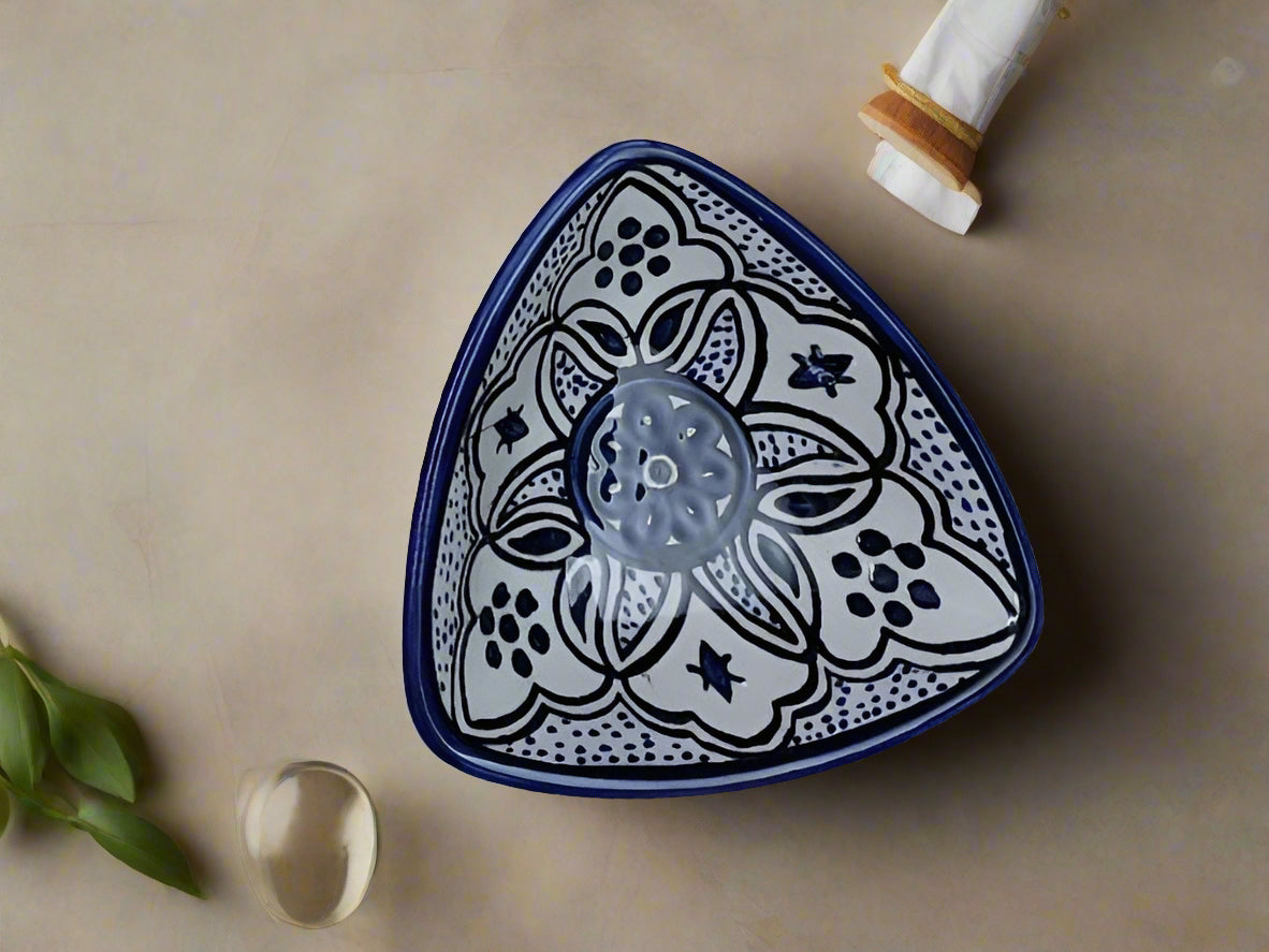 Handmade Ceramic Triangle Appetizer Plate – 7” Serving Dish | Moroccan & Floral Patterns