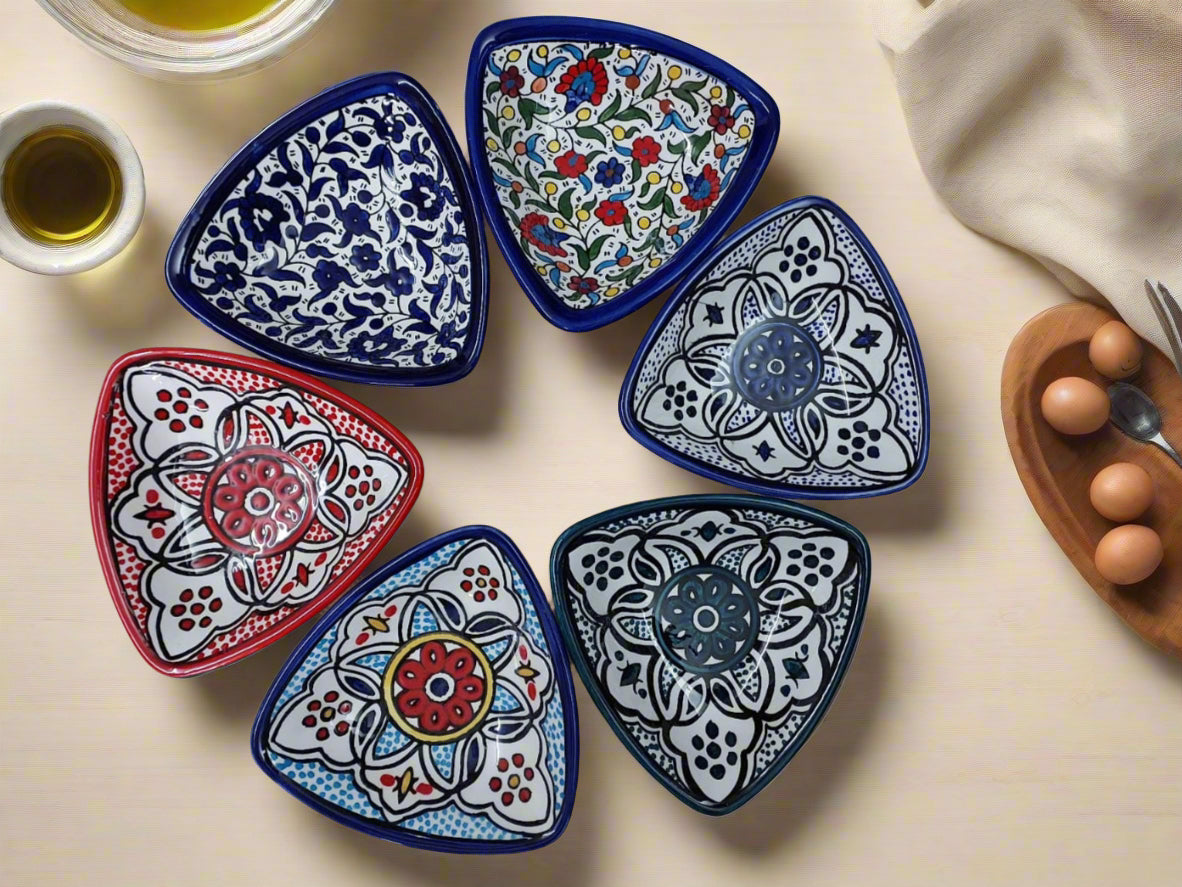 Handmade Ceramic Triangle Appetizer Plate – 7” Serving Dish | Moroccan & Floral Patterns
