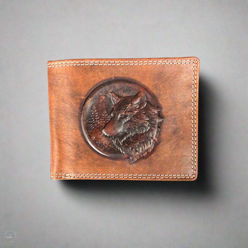 Men’s Cow Leather Wolf Embossed Bifold Wallet