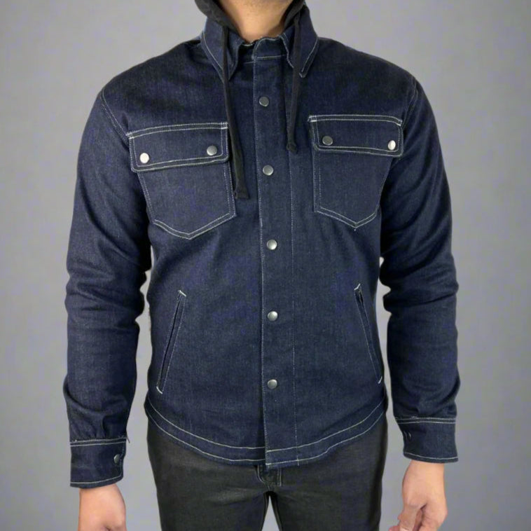 Men’s Armored Denim Shirt with Removable Hoodie