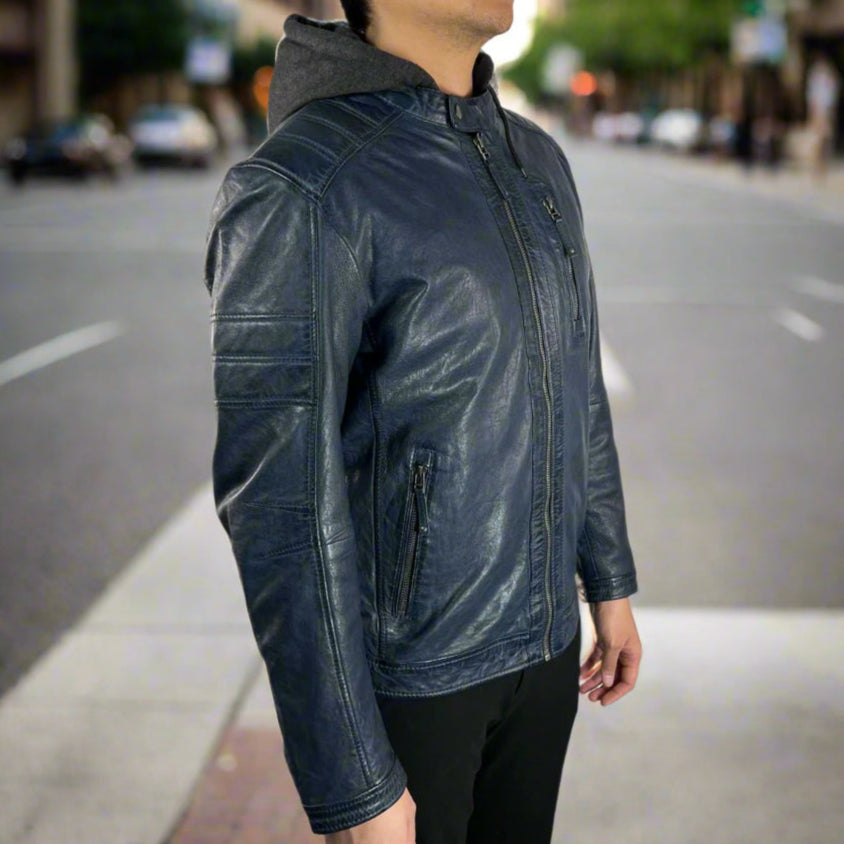 Men's Sheep Leather Jacket with Removable Hoodie