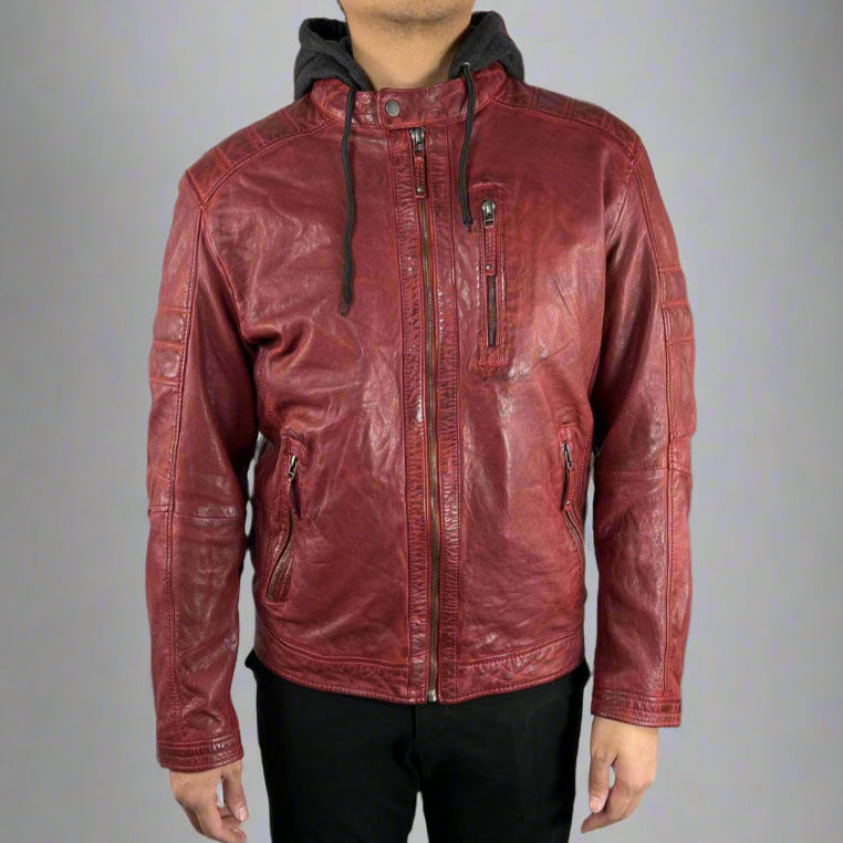 Men's Sheep Leather Jacket with Removable Hoodie