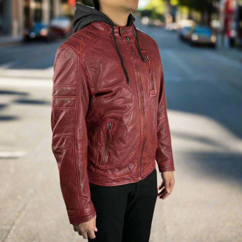 Men's Sheep Leather Jacket with Removable Hoodie