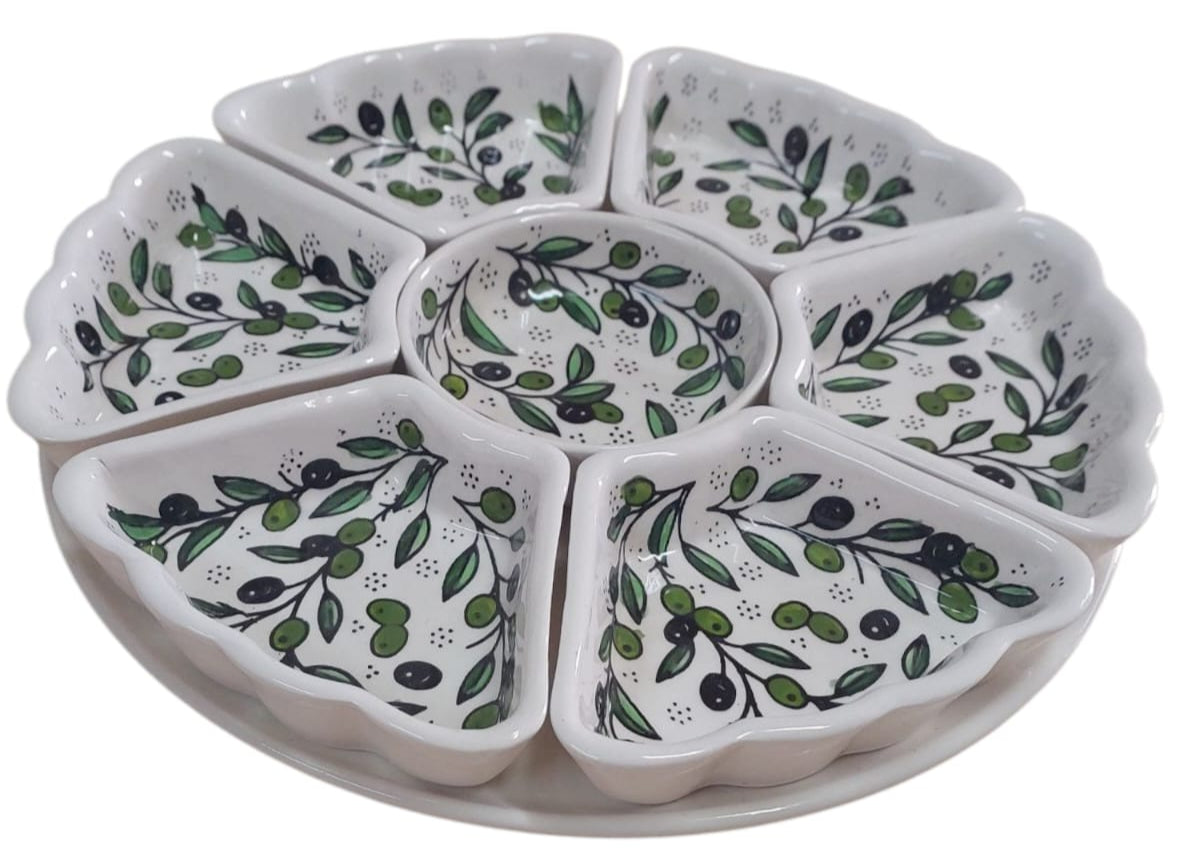 Handcrafted 8-Piece Ceramic Appetizer & Dipping Plate Set – 12” Round | Olive Harmony Pattern