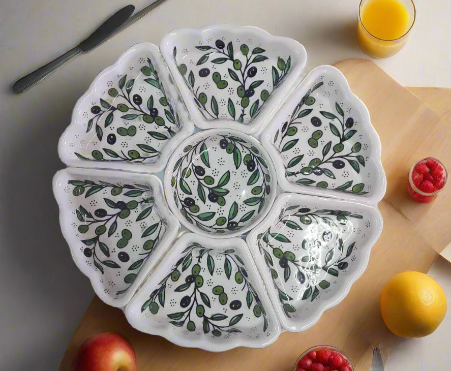 Handcrafted 8-Piece Ceramic Appetizer & Dipping Plate Set – 12” Round | Olive Harmony Pattern