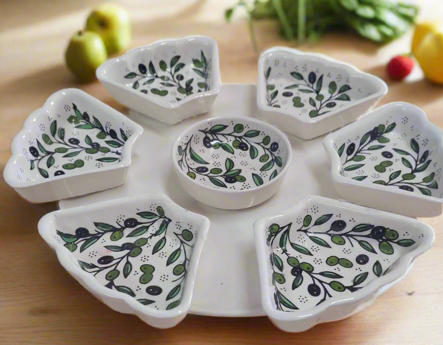 Handcrafted 8-Piece Ceramic Appetizer & Dipping Plate Set – 12” Round | Olive Harmony Pattern