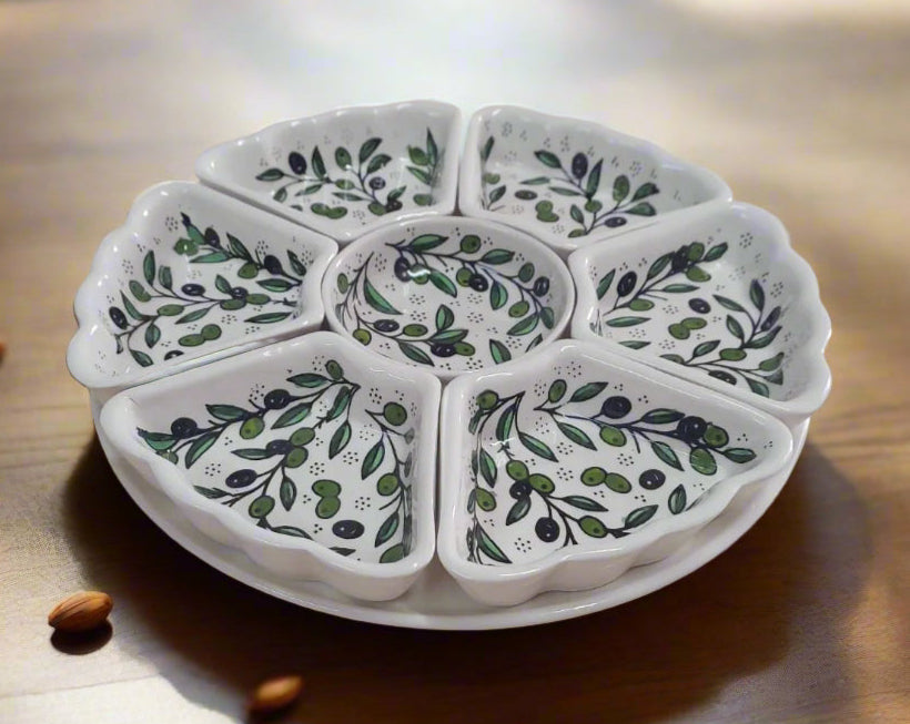 Handcrafted 8-Piece Ceramic Appetizer & Dipping Plate Set – 12” Round | Olive Harmony Pattern