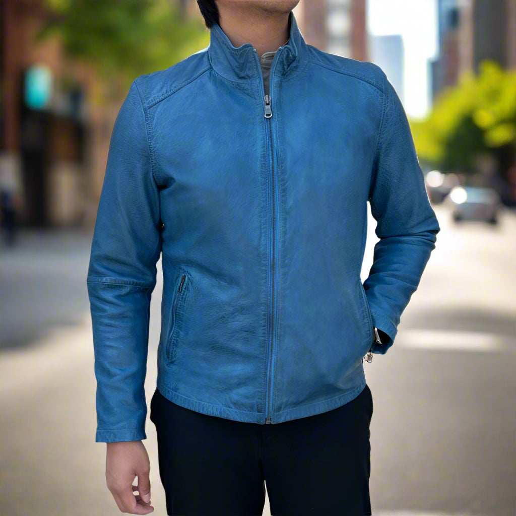 Men’s Sheep Leather Jacket. Classic Stand Collar with 2 Pockets