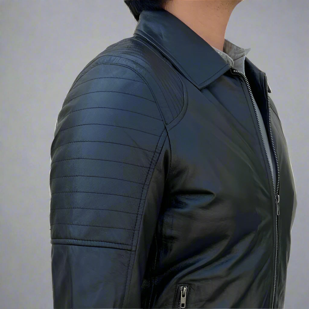 Men's Sheep Leather Jacket. Classic Quilted Shoulder Design with 2 Pockets