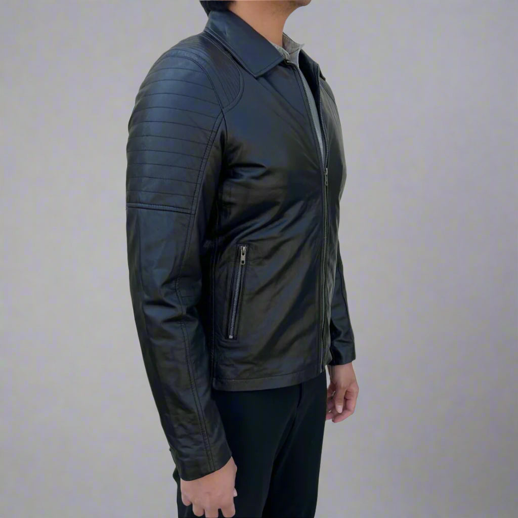 Men's Sheep Leather Jacket. Classic Quilted Shoulder Design with 2 Pockets