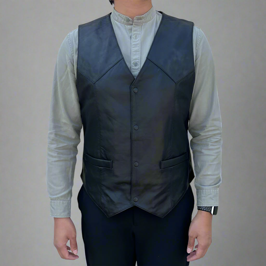 Men's Sheep Leather Vest. Snap Closure & Front Pockets