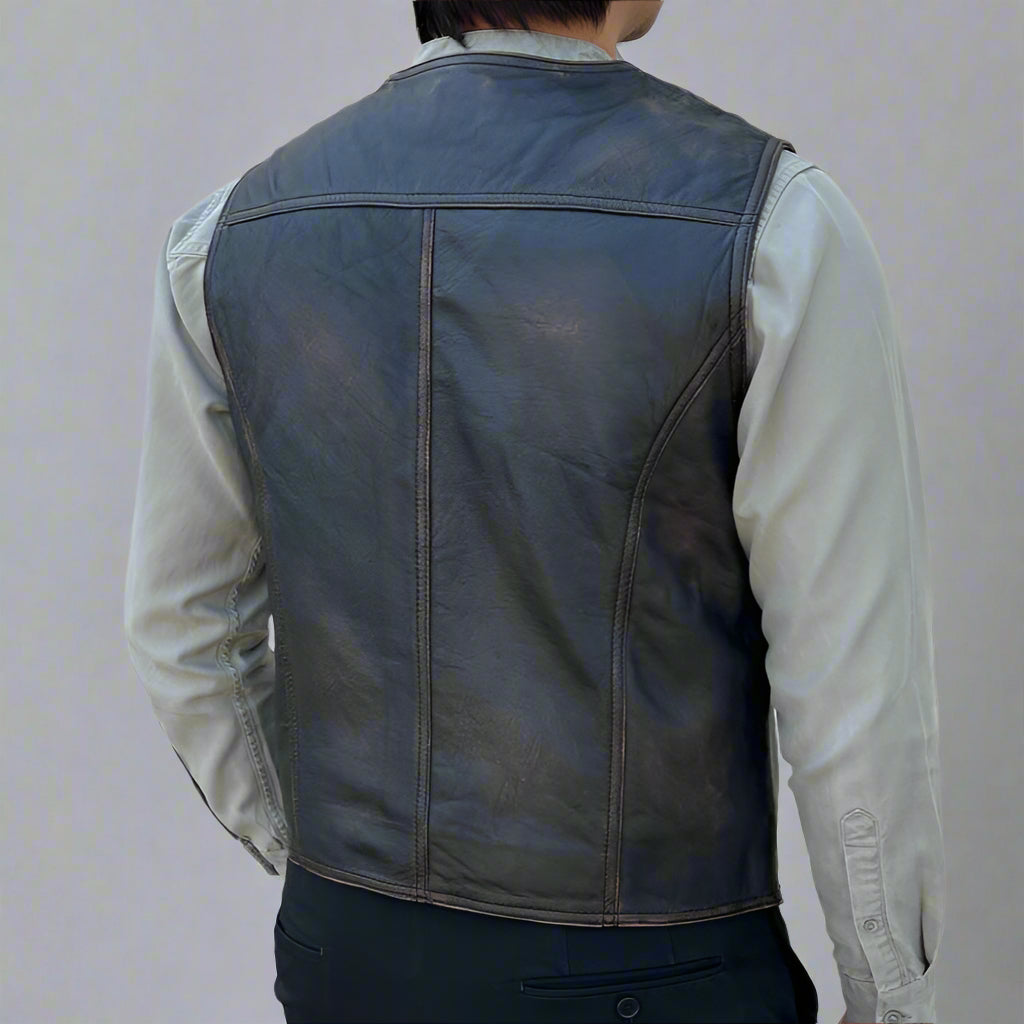 Men's Sheep Leather Ruboff Vest. Classic Button Closure & Front Pockets