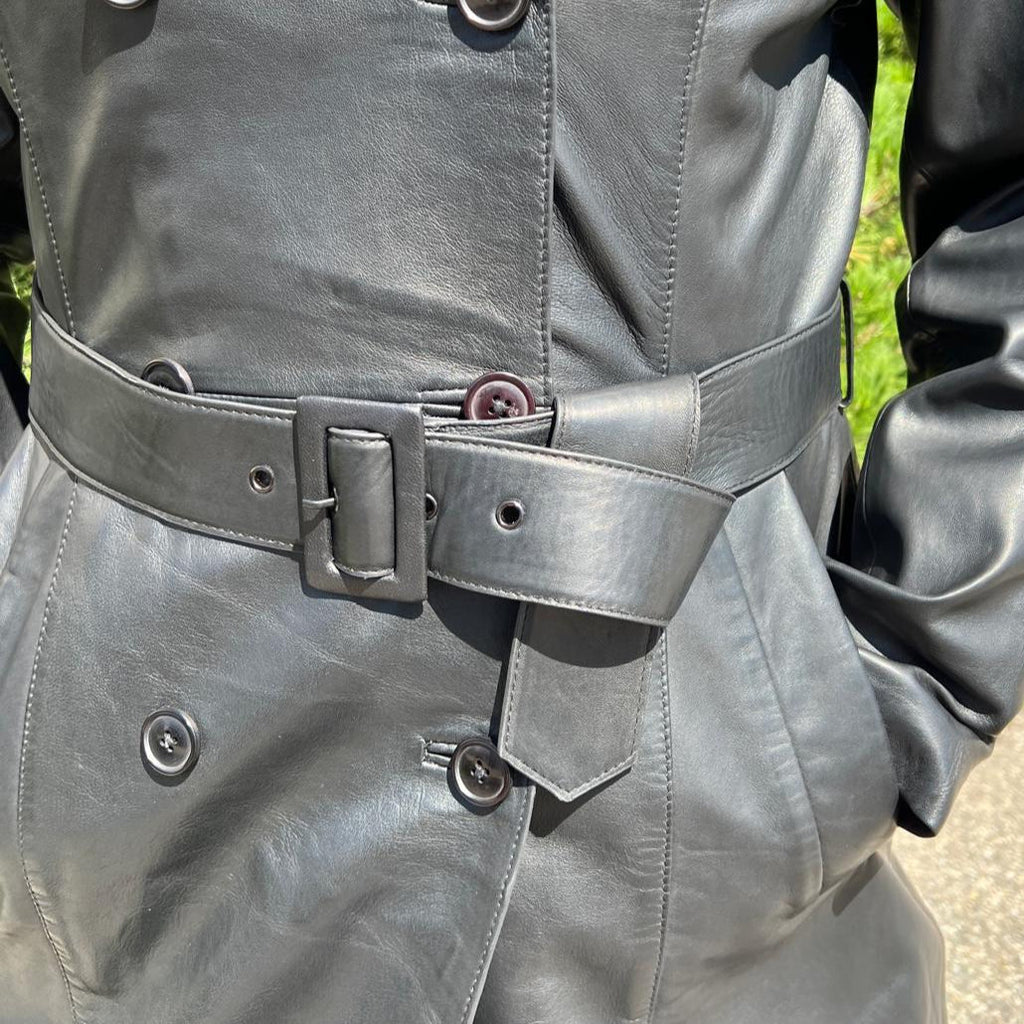 Women's Classic Leather Trench Coat. Double-Breasted Button Closure with Adjustable Belt