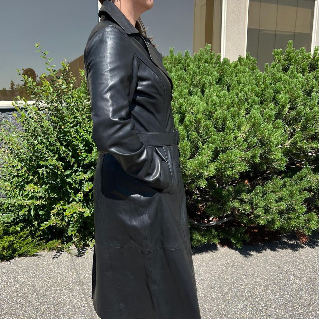 Women's Classic Leather Trench Coat. Double-Breasted Button Closure with Adjustable Belt