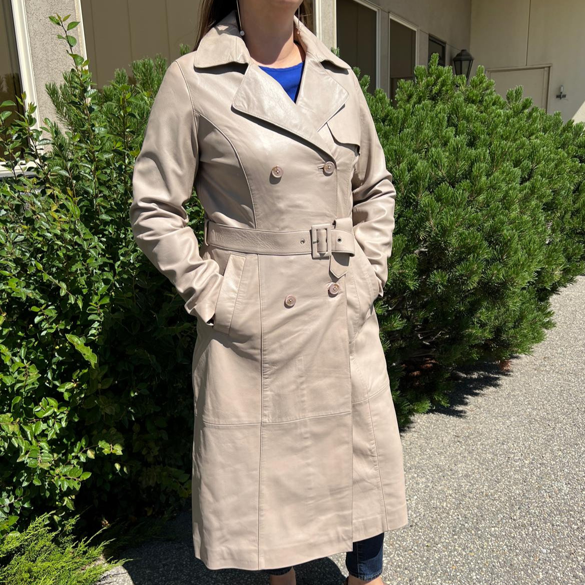 Women's Classic Leather Trench Coat. Double-Breasted Button Closure with Adjustable Belt