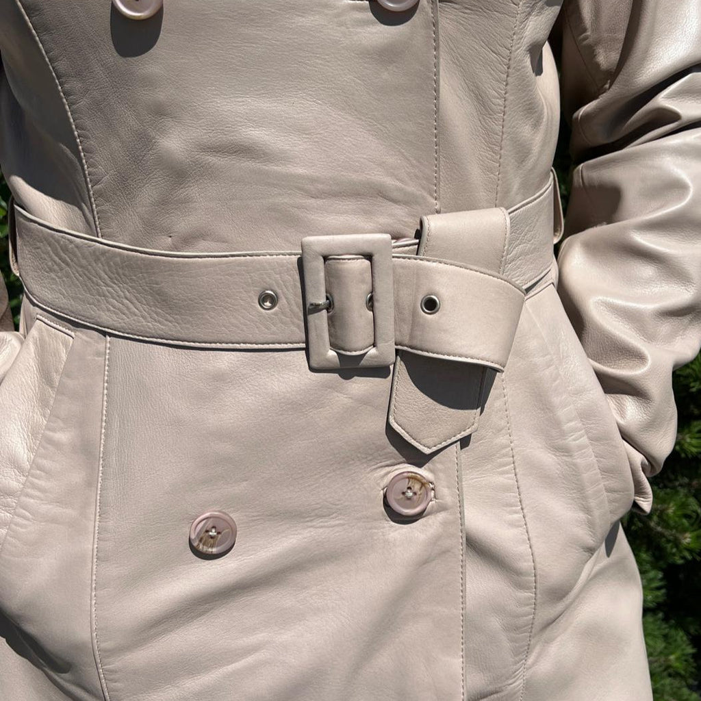 Women's Classic Leather Trench Coat. Double-Breasted Button Closure with Adjustable Belt