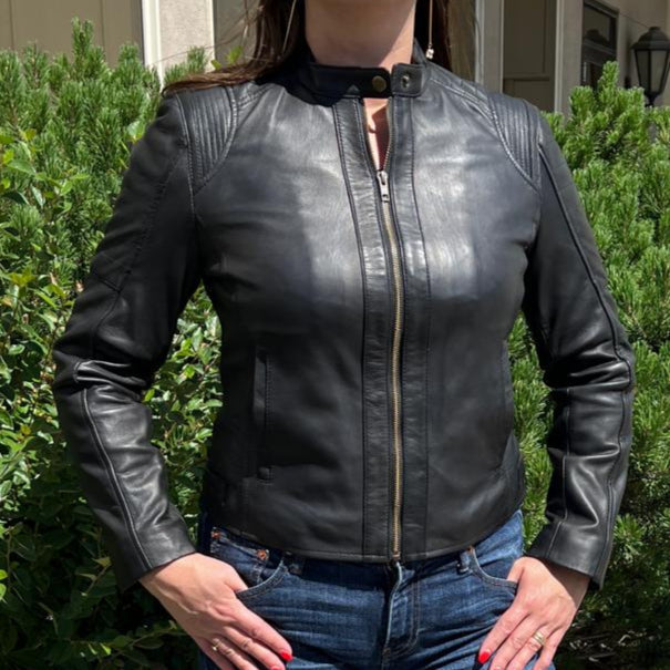 Women's Sheep Leather Jacket with Stitched Shoulders