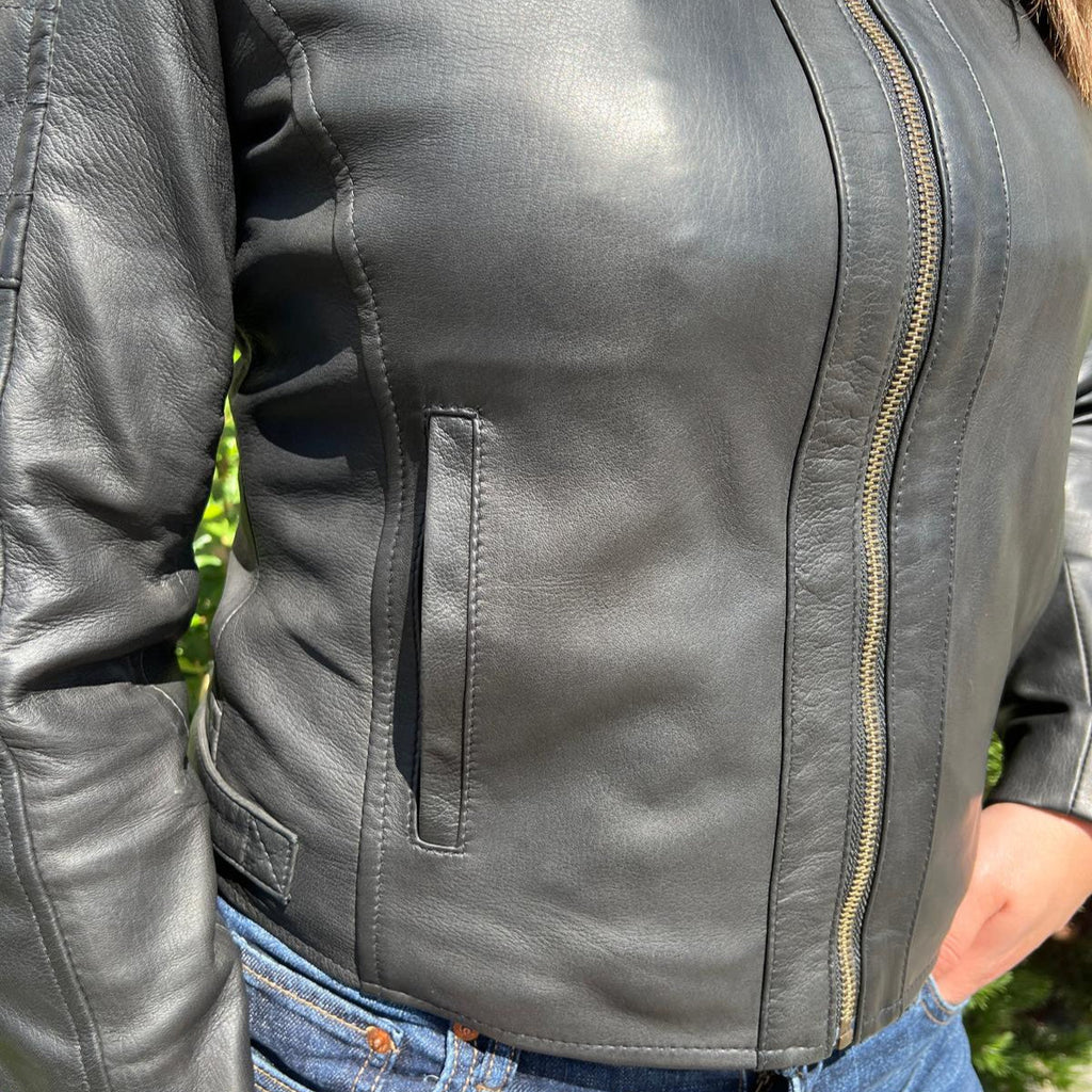 Women's Sheep Leather Jacket with Stitched Shoulders