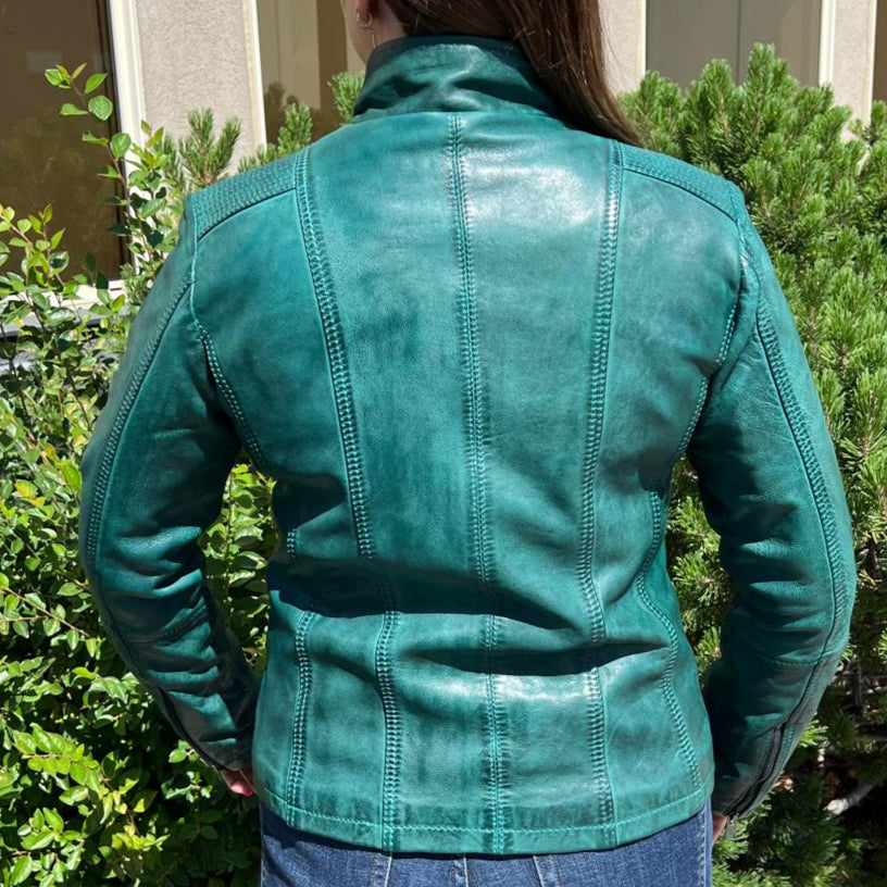 Women's Classic Lamb Leather Jacket. Round Collar with Studs, 4 Zippered Pockets & Shoulder Accent Stitching