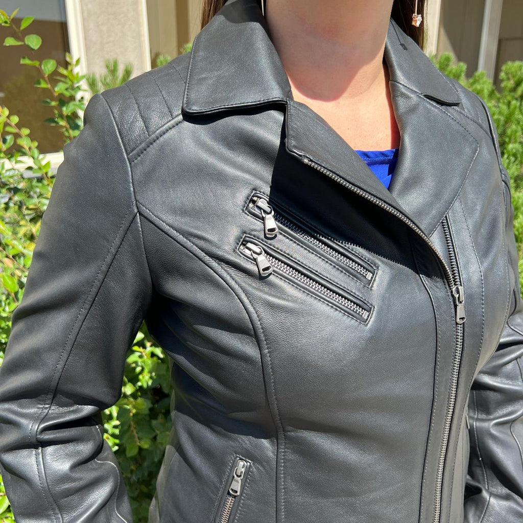 Women's Lamb Leather Biker Look Jacket with Asymmetrical Collar and Stitched Shoulders