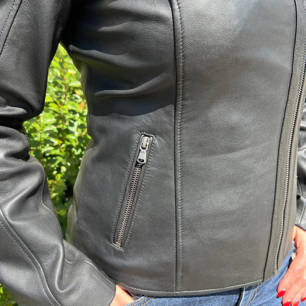 Women's Lamb Leather Biker Look Jacket with Asymmetrical Collar and Stitched Shoulders