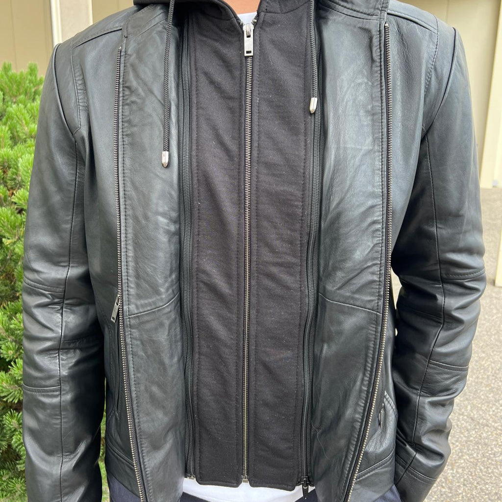 Men's Lamb Leather Hoodie Jacket with Detachable Hood