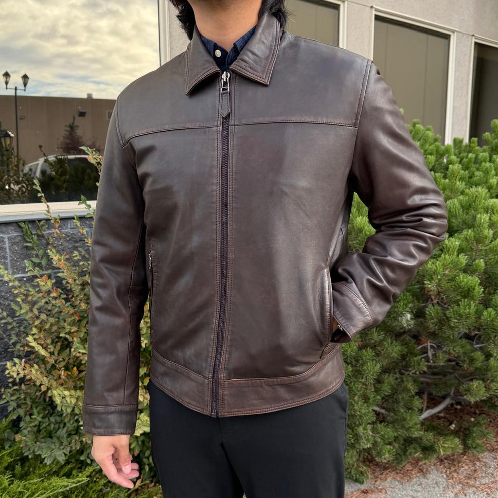 Men's Lamb Leather Jacket. Brown Classic Fit with Full Zip & Side Pockets