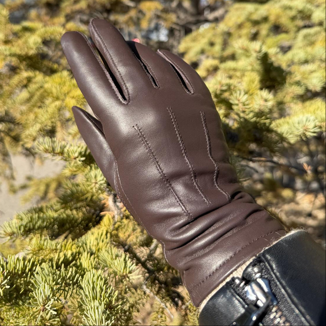 Gants tactiles pour femmes en cuir de mouton avec doublure en laine mélangée