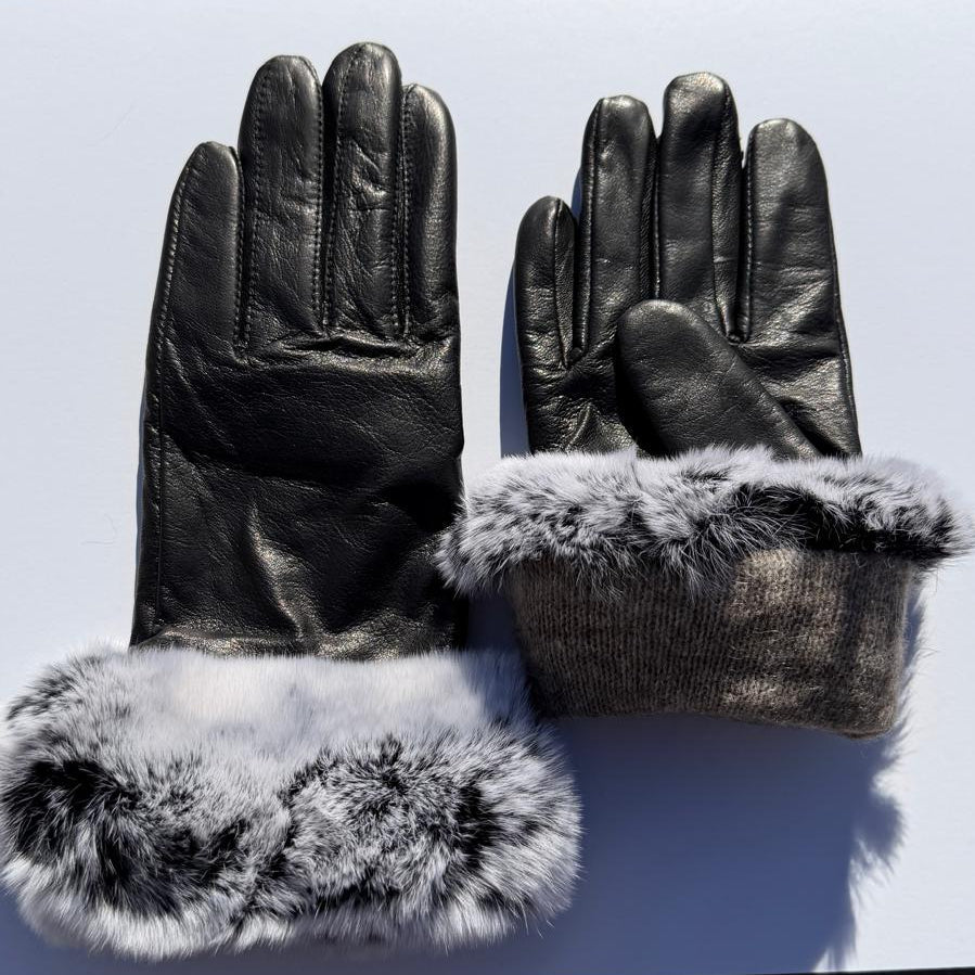 Gants pour femme en cuir d'agneau avec bordure en fourrure de lapin