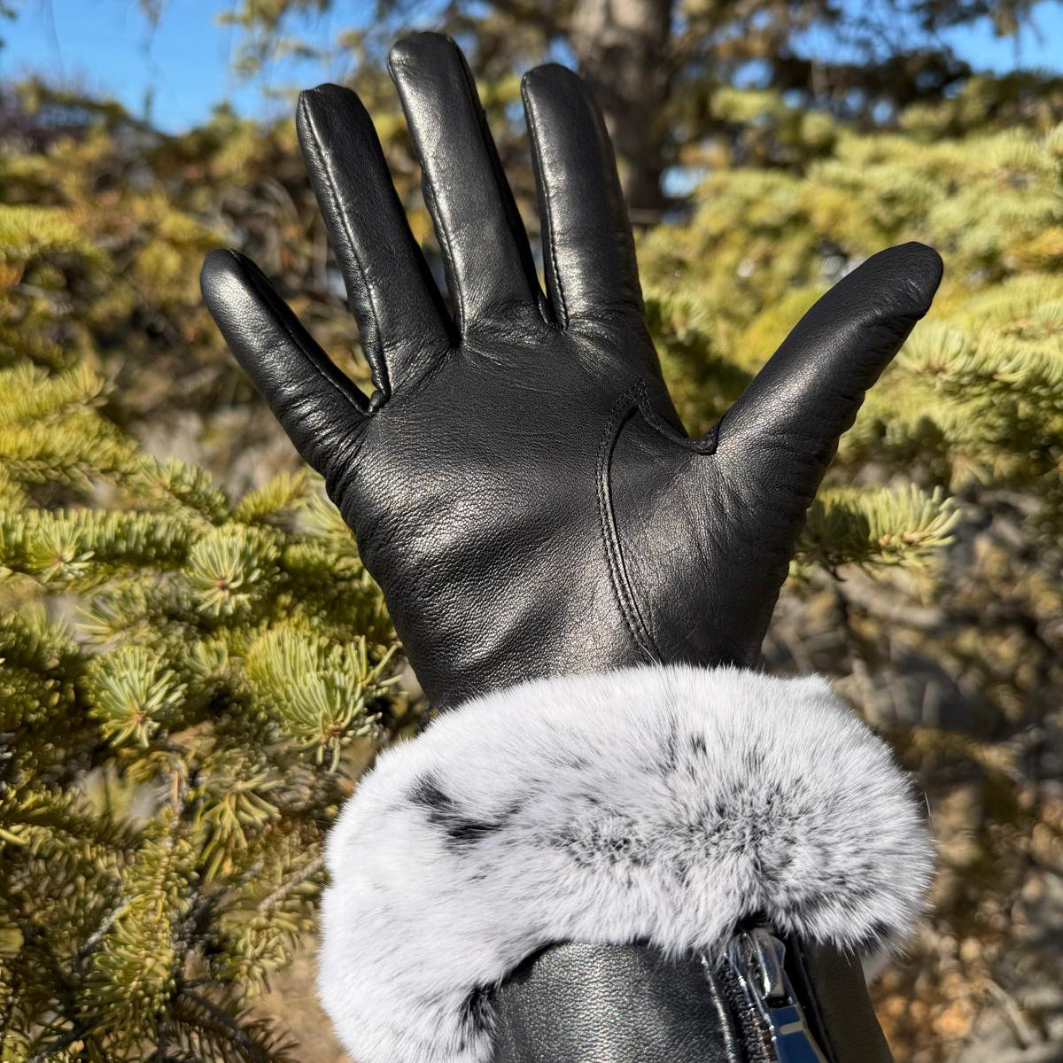 Gants pour femme en cuir d'agneau avec bordure en fourrure de lapin