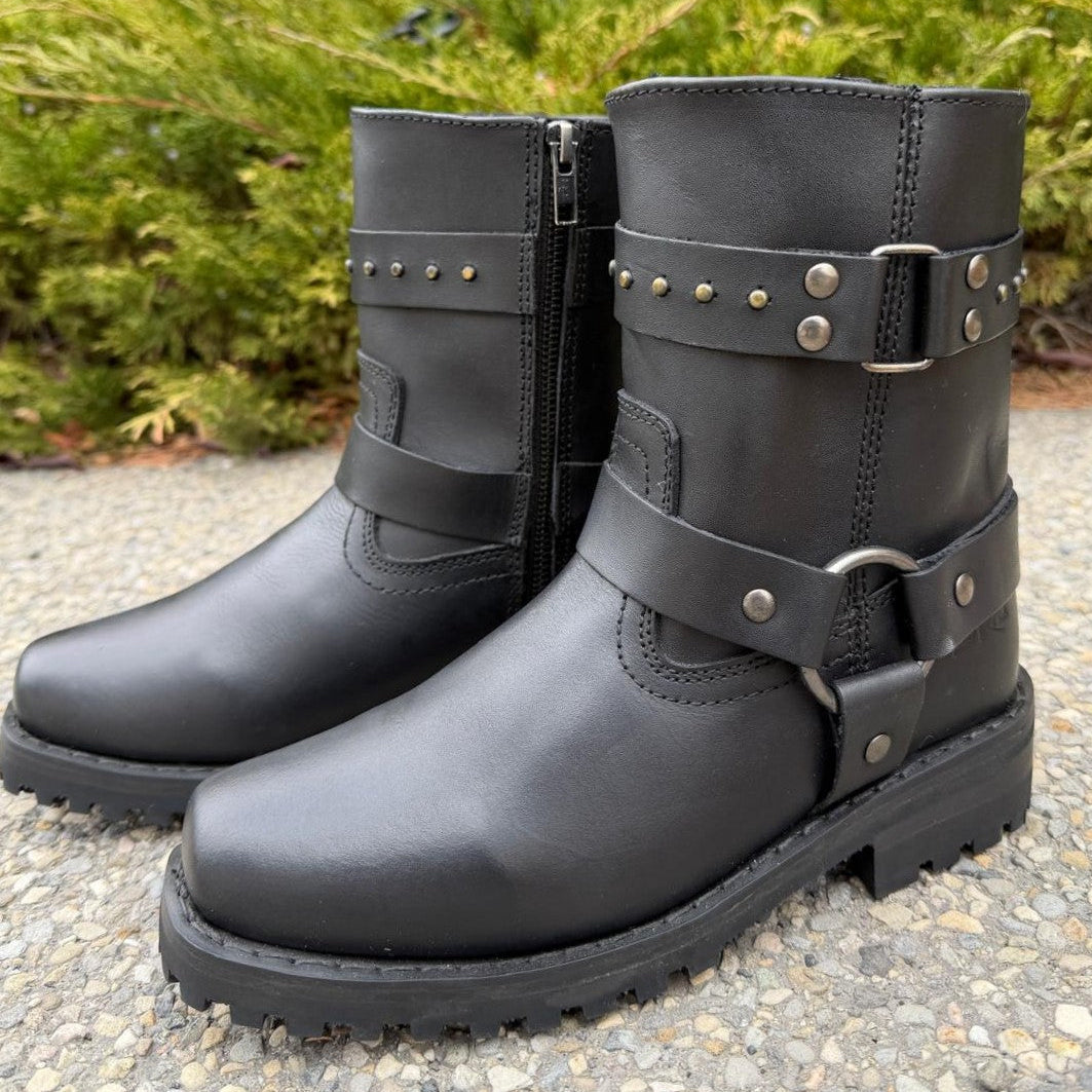 Women's Motorcycle Biker Leather Boots. Black Cowhide with Studded Straps & Side Zip