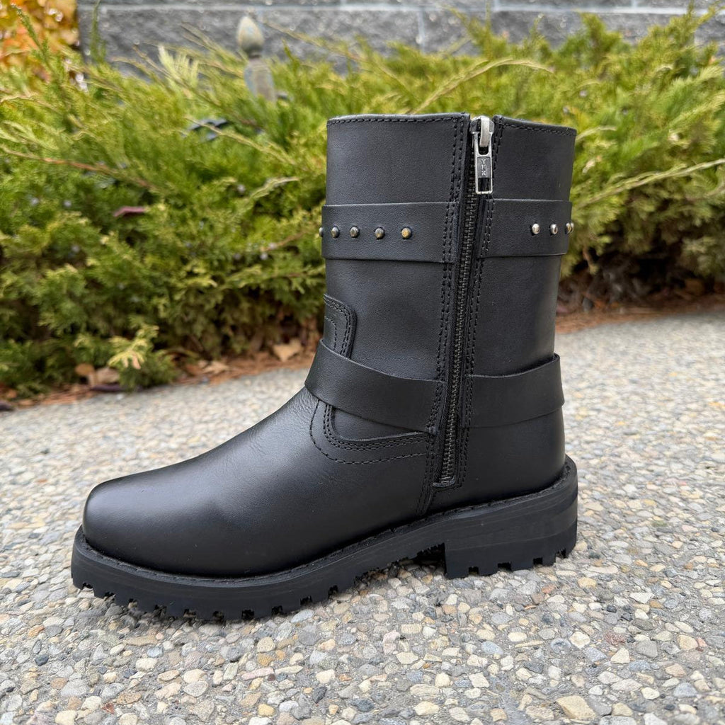 Women's Motorcycle Biker Leather Boots. Black Cowhide with Studded Straps & Side Zip