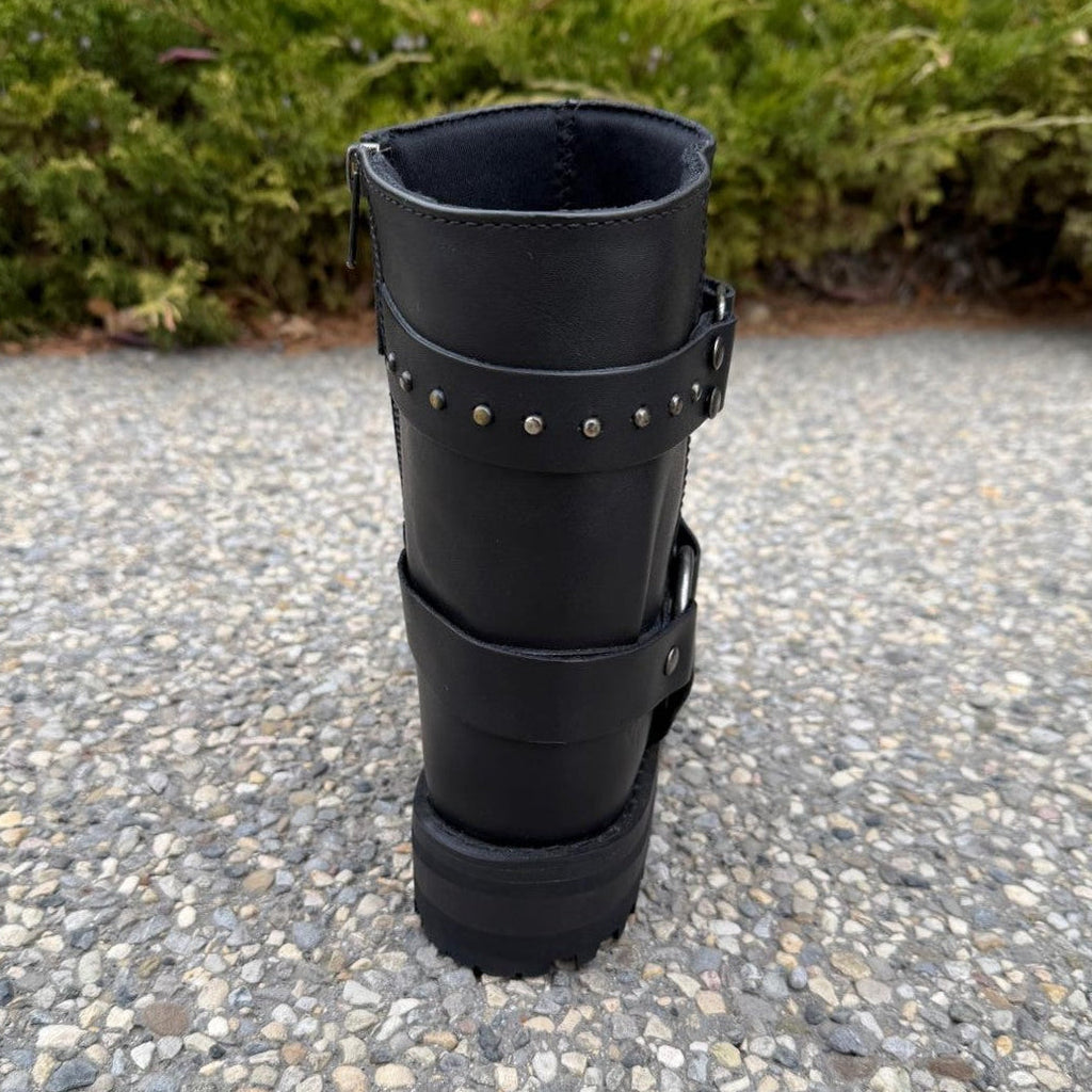 Women's Motorcycle Biker Leather Boots. Black Cowhide with Studded Straps & Side Zip