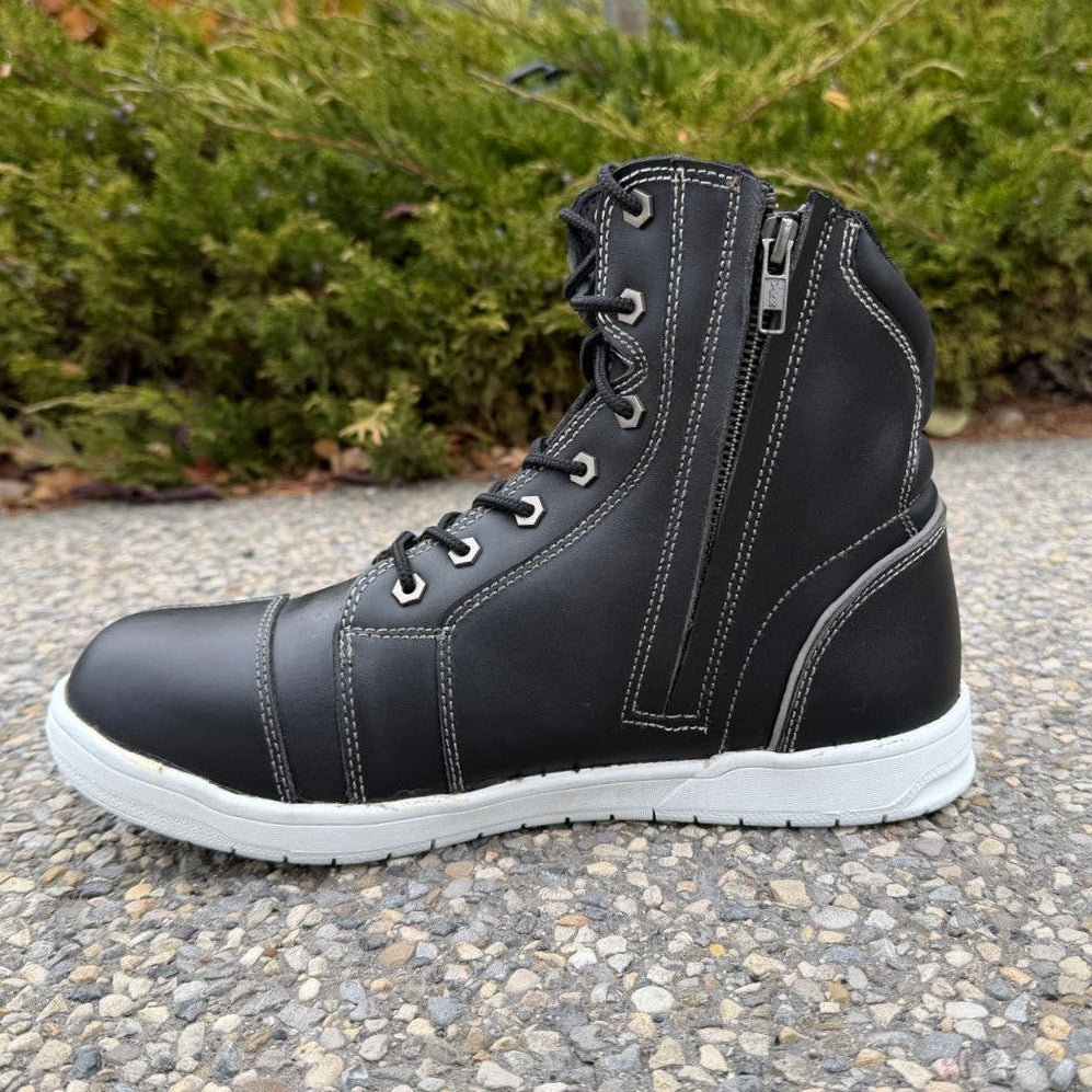 Men's Sneaker Biker Boots. Black Cowhide Leather with White Sole, Lace-Up & Side Zip