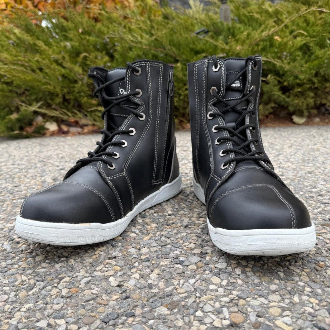 Men's Sneaker Biker Boots. Black Cowhide Leather with White Sole, Lace-Up & Side Zip