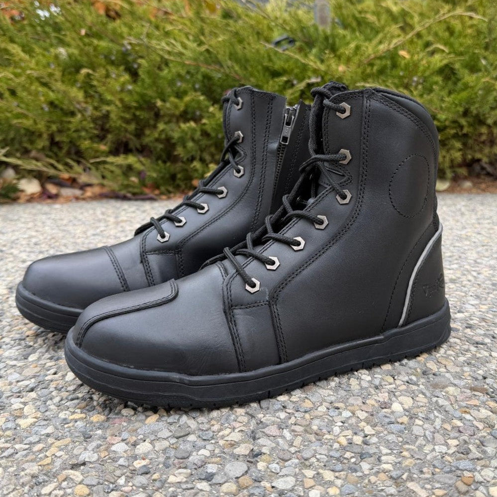 Men's Sneaker Biker Boots. Black Cowhide Leather with Lace-Up & Side Zip