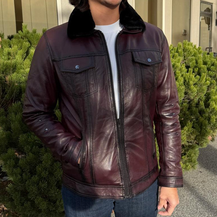 Men's Sheep Leather Jacket with Removable Fur Collar