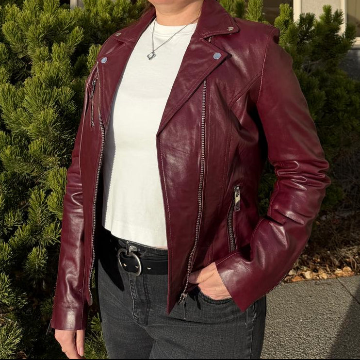 Women's Premium Lamb Leather Moto Jacket with Asymmetrical Zippers