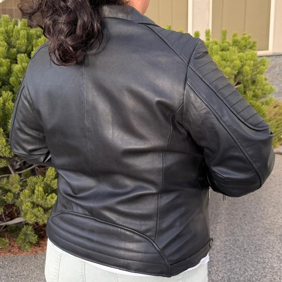 Women's Lamb Leather Biker Jacket with Quilted Ribbed Shoulders